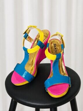 Bumper Funky Colorblock Patent Leather Wedge Sandals Pink Blue Yellow Retro Mod